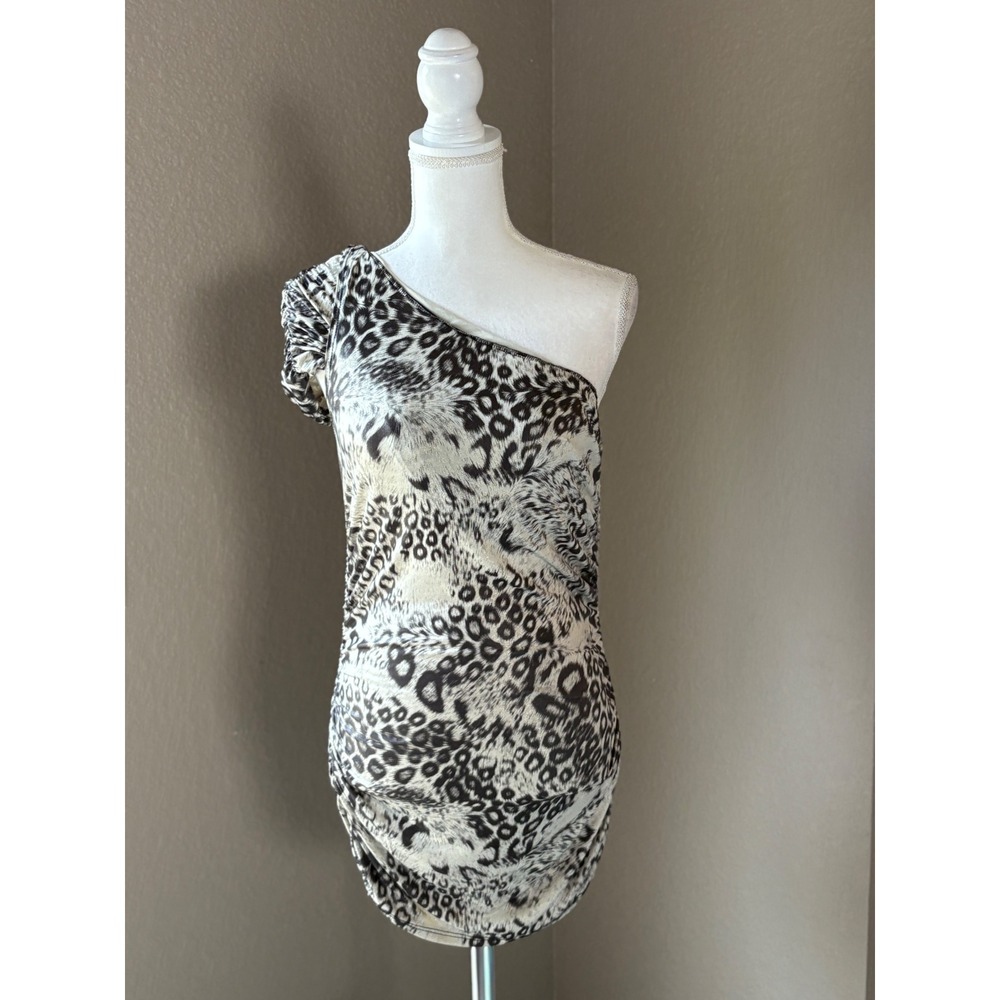 Mystic Womens Leopard Print One Shoulder Ruched Mini Dress Size L Made in USA